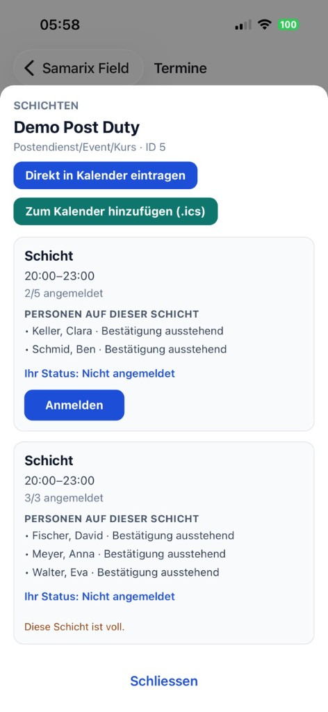 Schichtanmeldung in der App