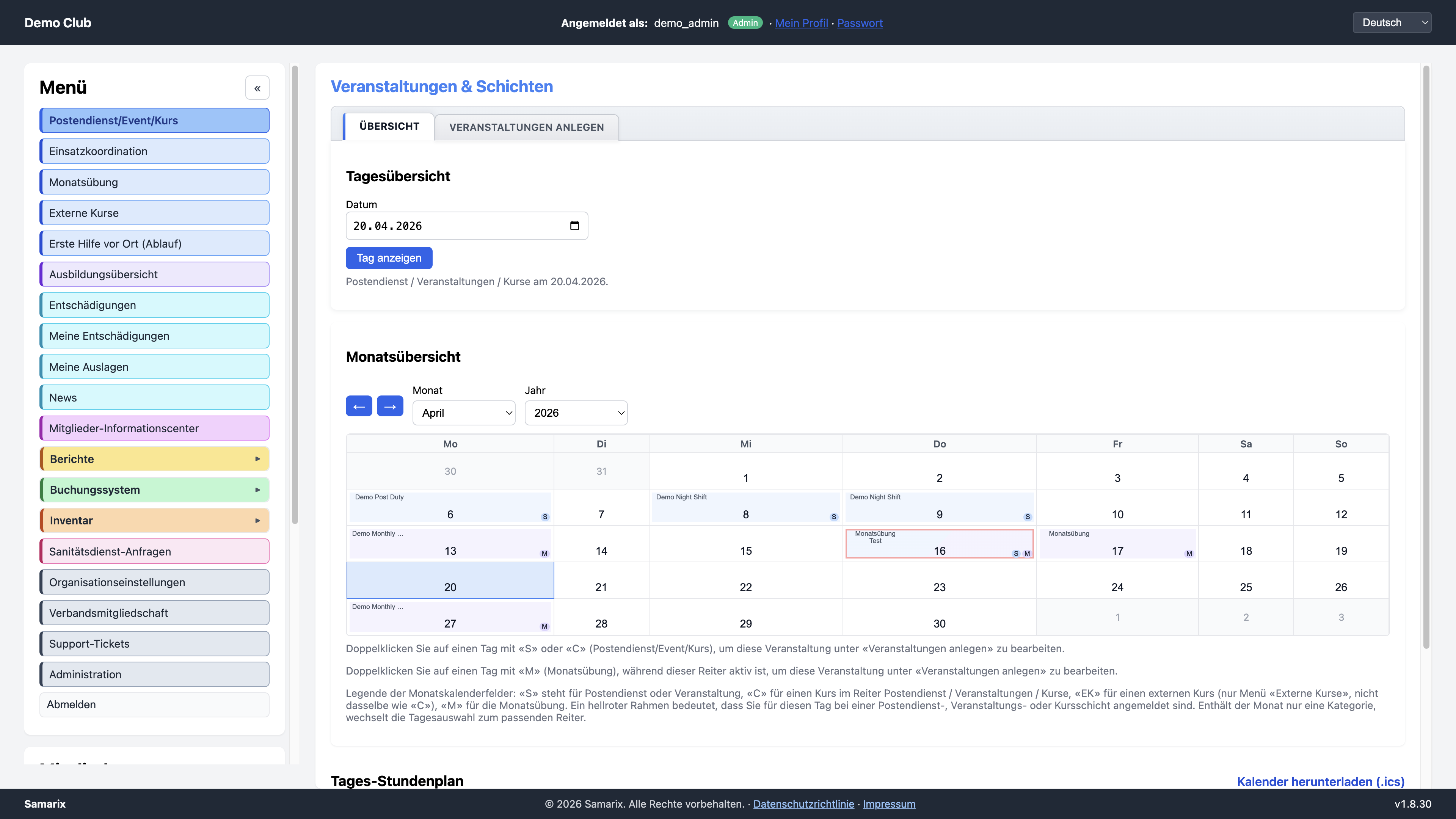Samarix Dashboard: Veranstaltungen und Schichten mit Monatsübersicht