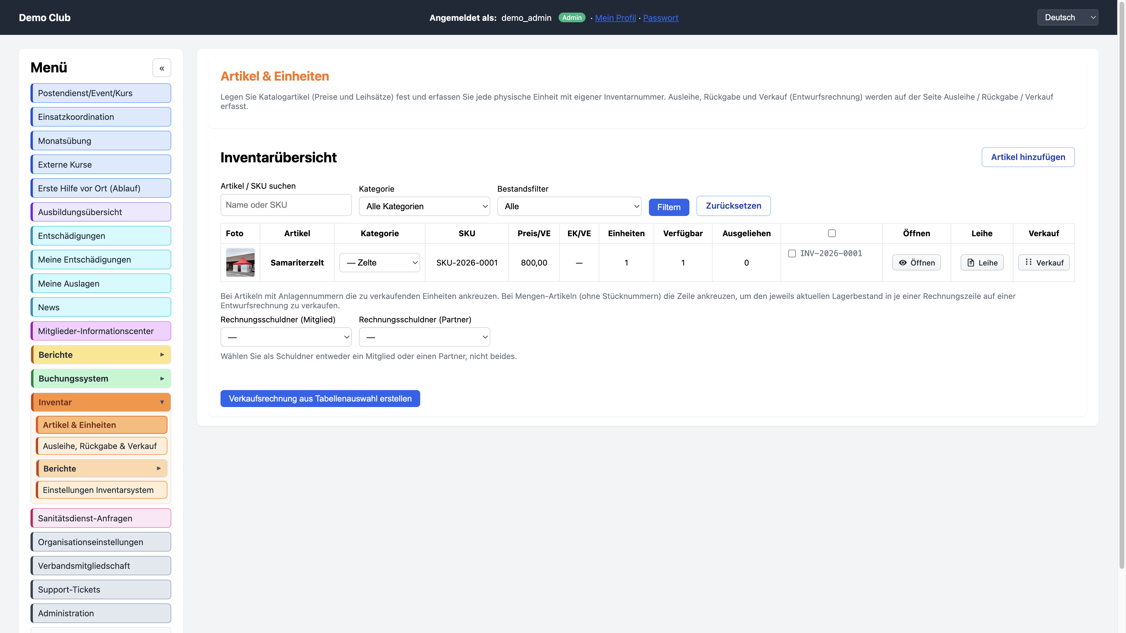 Samarix Inventar: Artikel, Einheiten und Ausleihe-Status